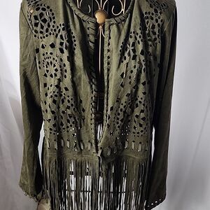 Vintage Soft Fringed Olive Green Cutwork Open Jacket Size M